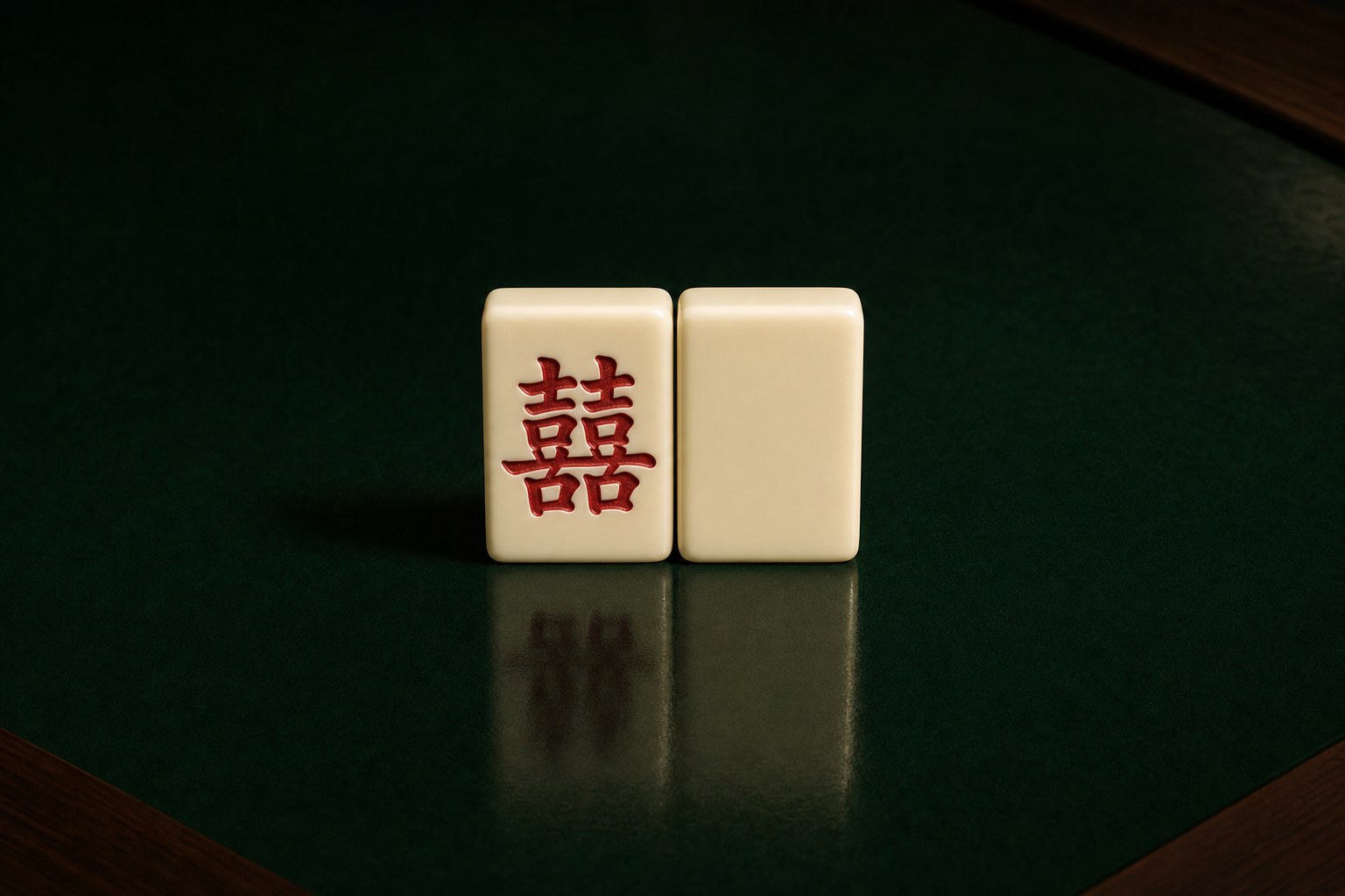 Two ivory mahjong tiles on a dark green lacquer table: a double-happiness tile beside a blank one carrying the announcement